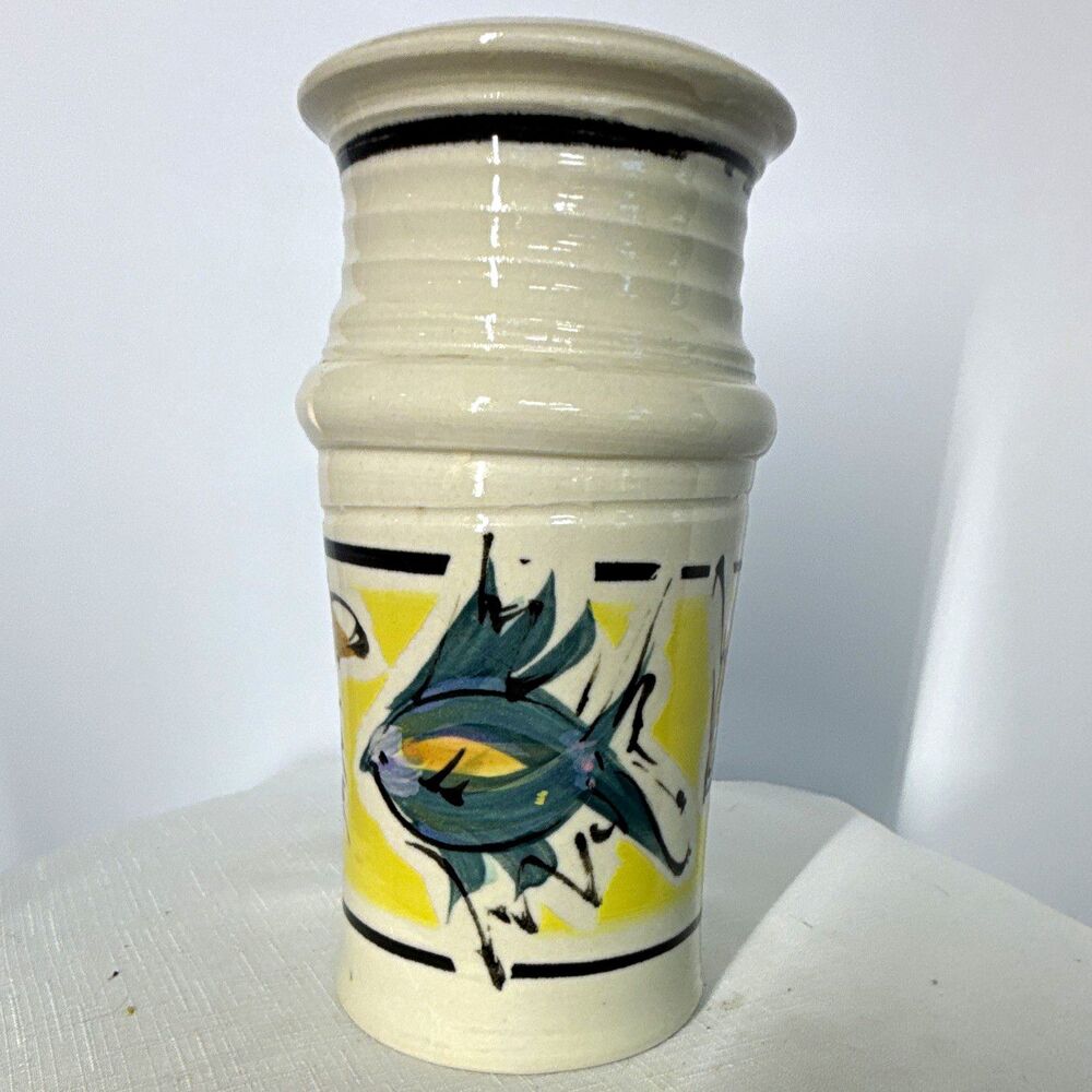 Vintage Mid-Century Modern Studio Pottery Vase,Hand-Painted Abstract Fish Design